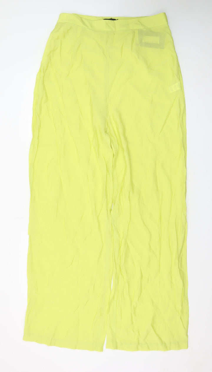 PrettyLittleThing Womens Yellow Wide-Leg High Rise Crepe Trousers Size 16
