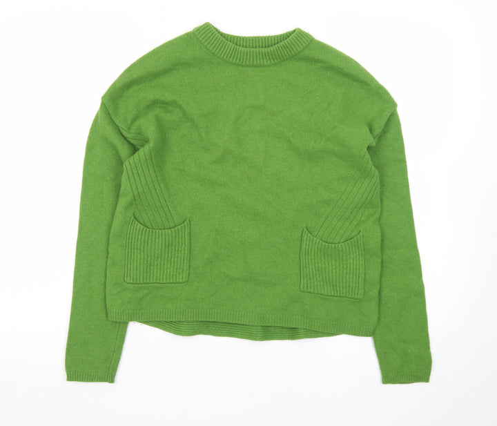 Oui Women Green Wool Blend Crew Neck Pullover Jumper Size 10