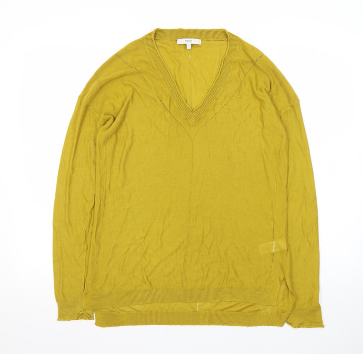 Next Womens Mustard V-Neck Jumper Size 12 Viscose Acrylic Knit