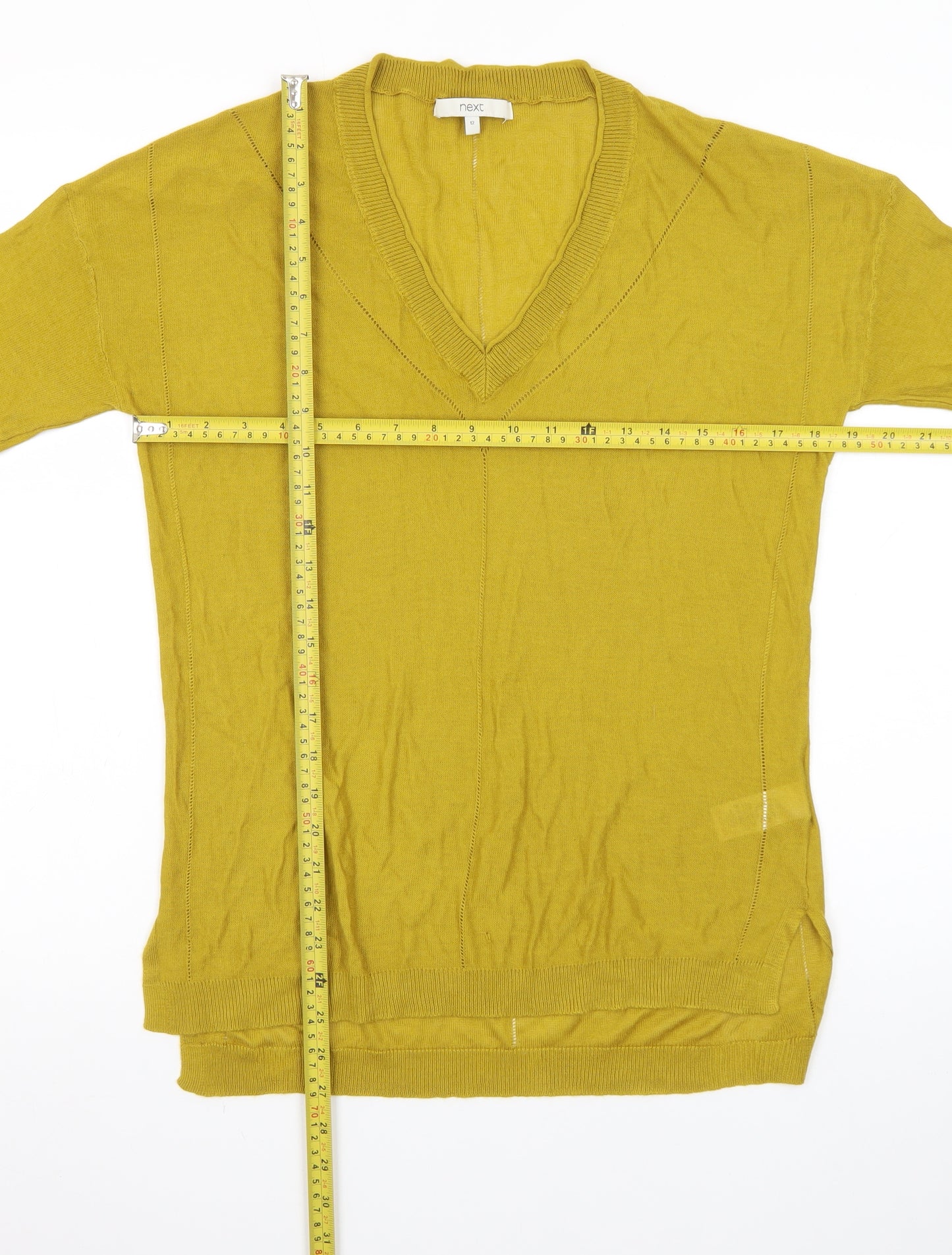 Next Womens Mustard V-Neck Jumper Size 12 Viscose Acrylic Knit