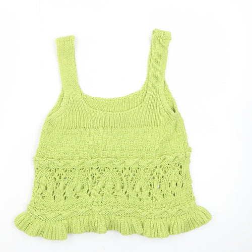 Zara Women Green Knit Crochet Tank Top Size S Summer Boho Style