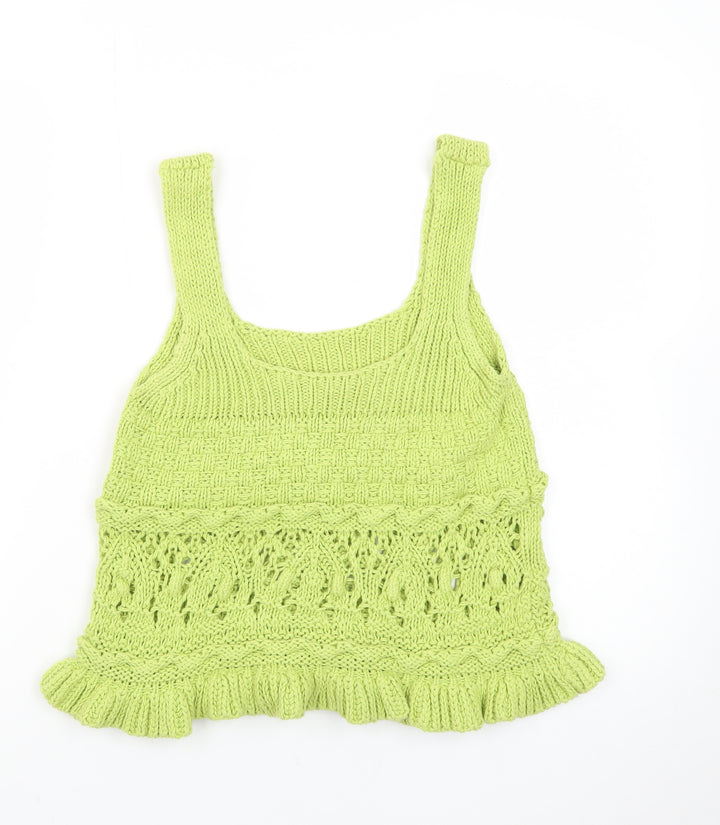 Zara Women Green Knit Crochet Tank Top Size S Summer Boho Style
