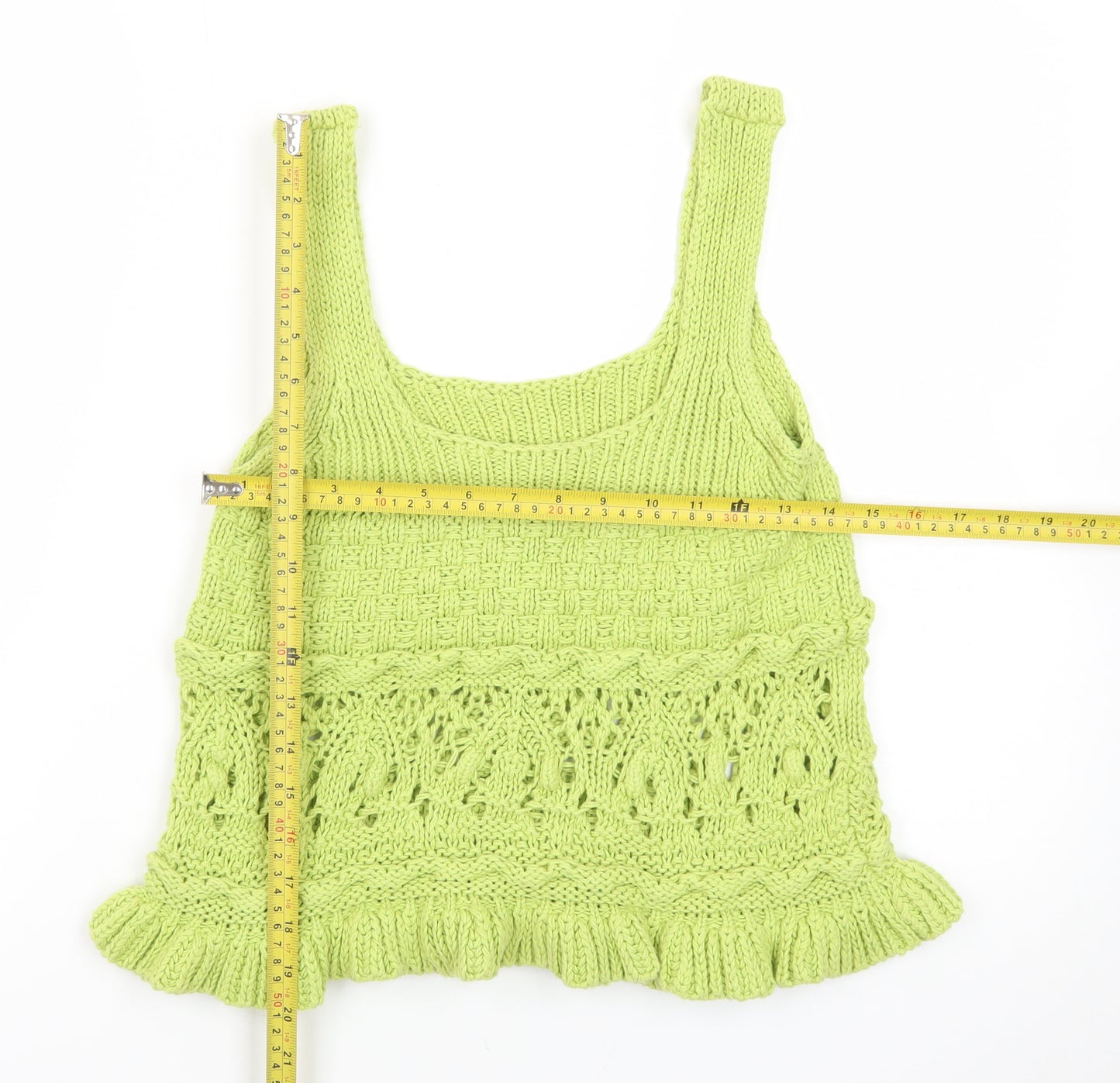 Zara Women Green Knit Crochet Tank Top Size S Summer Boho Style