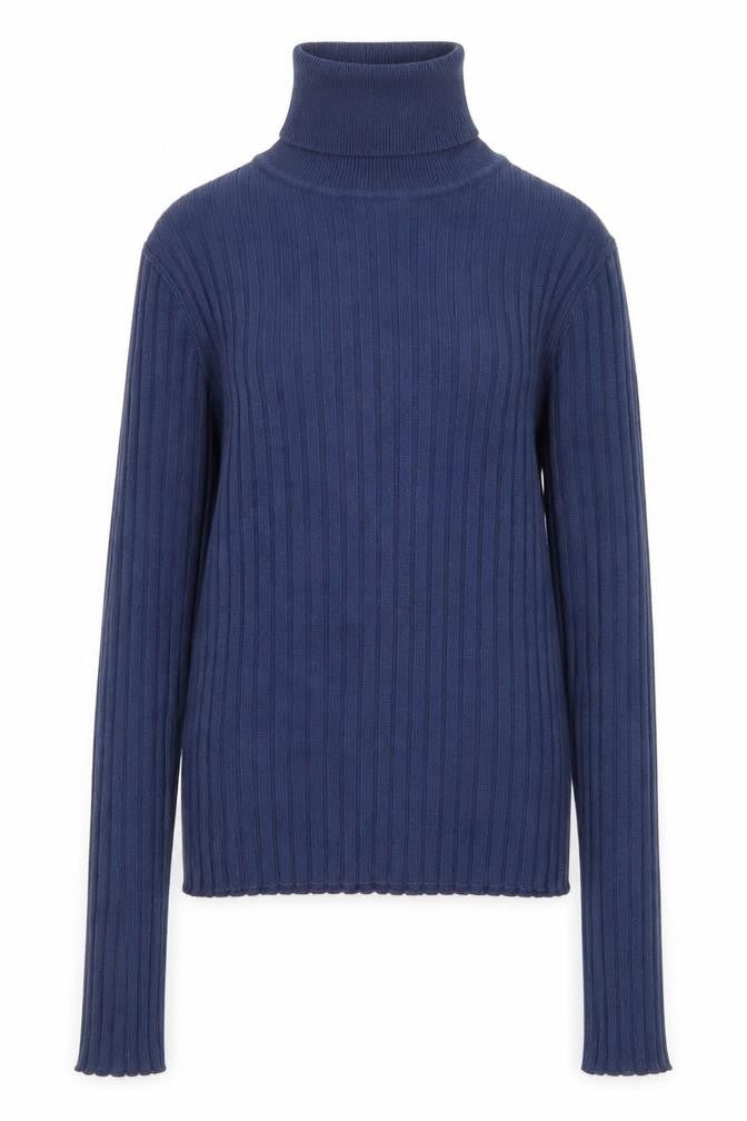 Front view of Collusion Women's Blue Roll Neck Ribbed Jumper, size 8