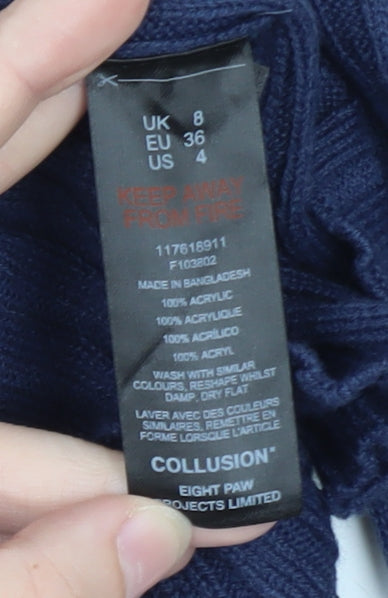 Collusion Women's Blue Roll Neck Ribbed Jumper Size 8