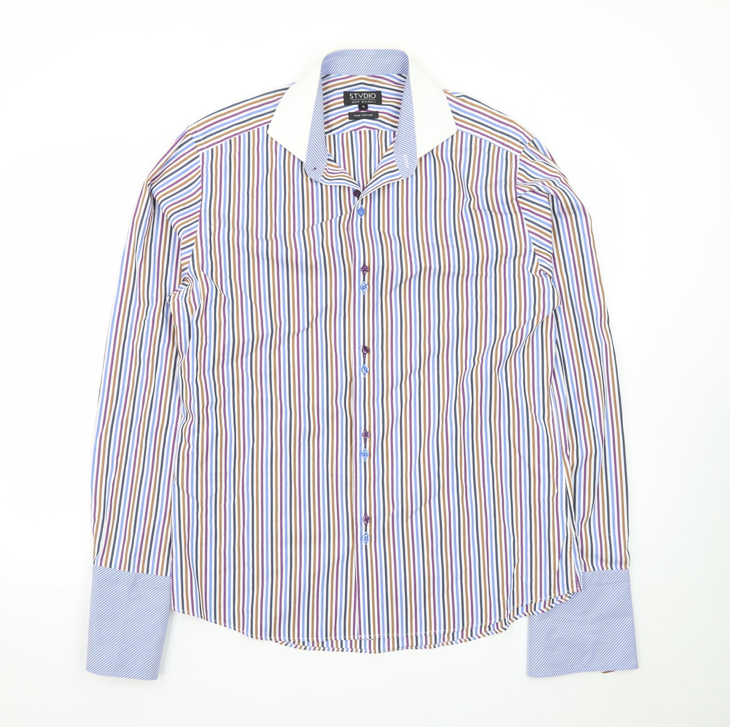 Jeff Banks Men's Multicoloured Striped Pure Cotton Dress Shirt Size 16