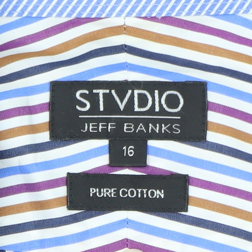 Jeff Banks Men's Multicoloured Striped Pure Cotton Dress Shirt Size 16