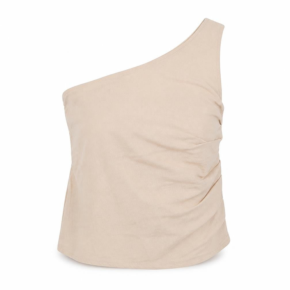 Front view of 4th & Reckless Women’s Beige One Shoulder Camisole Blouse, size UK 12