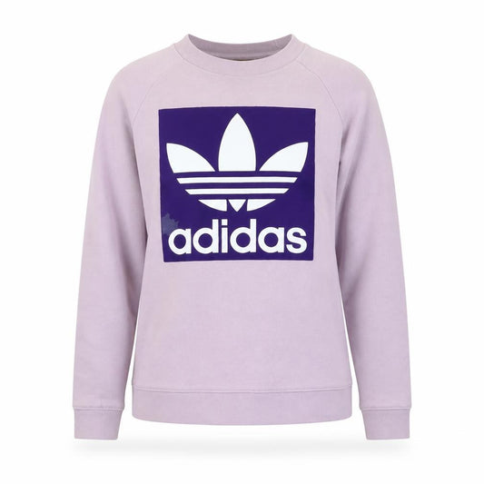 Front view of Adidas women’s lilac sweatshirt, size UK 10, purple trefoil logo pullover
