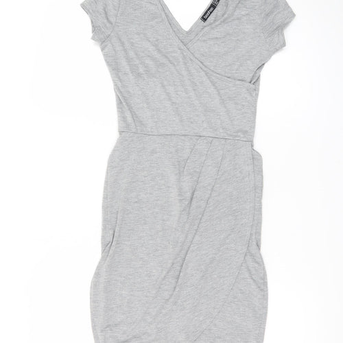 Boohoo Women Grey Size 10 Bodycon V-Neck Short Sleeve Dress