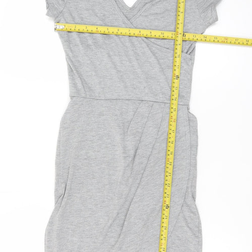 Boohoo Women Grey Size 10 Bodycon V-Neck Short Sleeve Dress