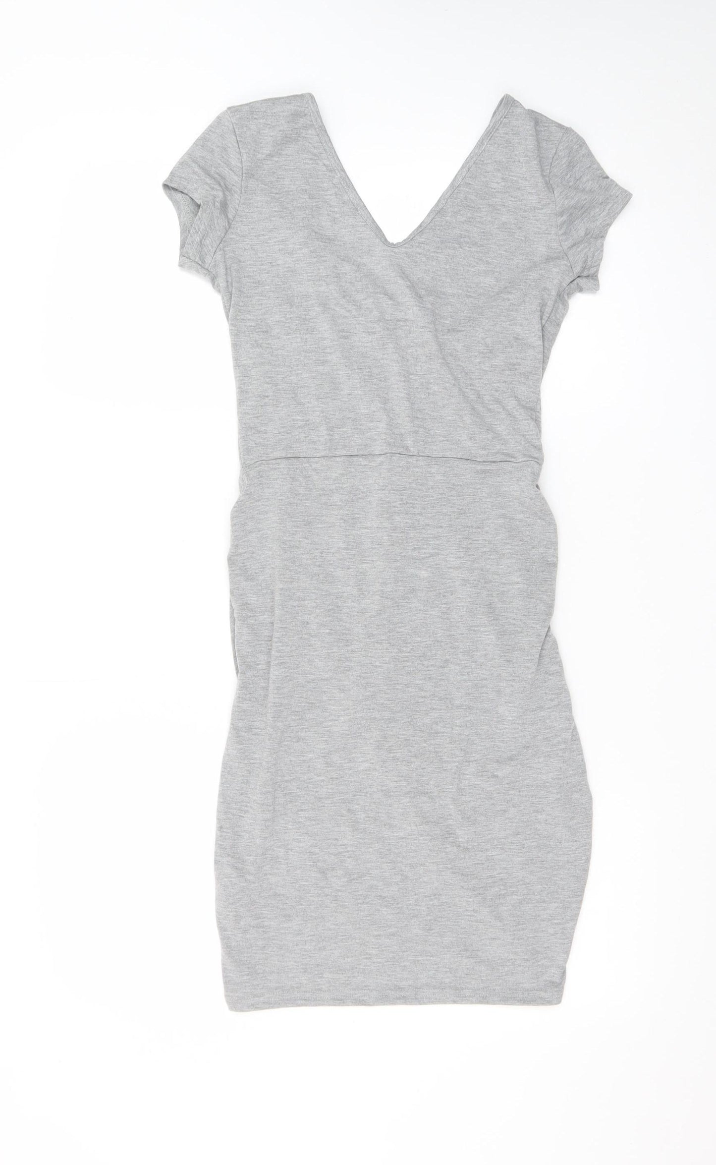 Boohoo Women Grey Size 10 Bodycon V-Neck Short Sleeve Dress
