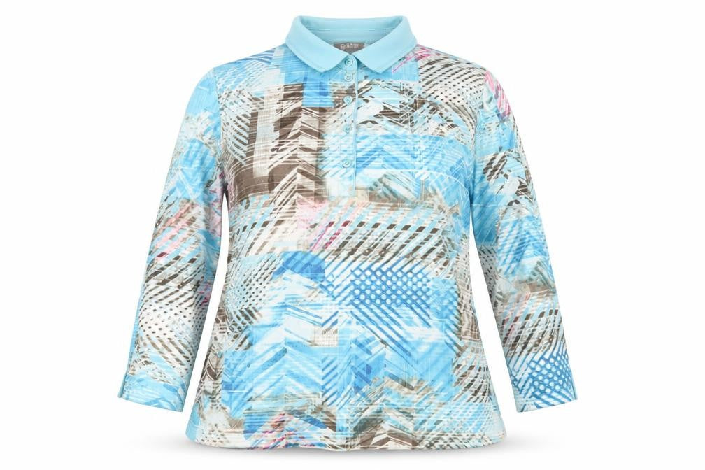 Rabe Women’s Blue Geometric Cotton Polo Top Size 18