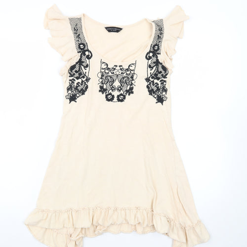 Dorothy Perkins Women Beige Size 8 Embroidered Ruffle Shift Dress