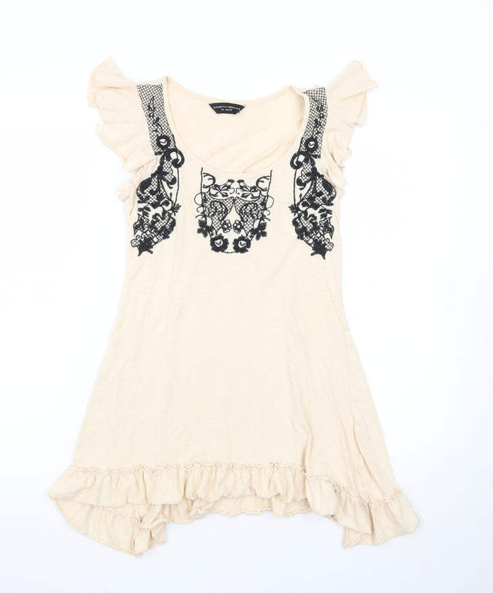 Dorothy Perkins Women Beige Size 8 Embroidered Ruffle Shift Dress