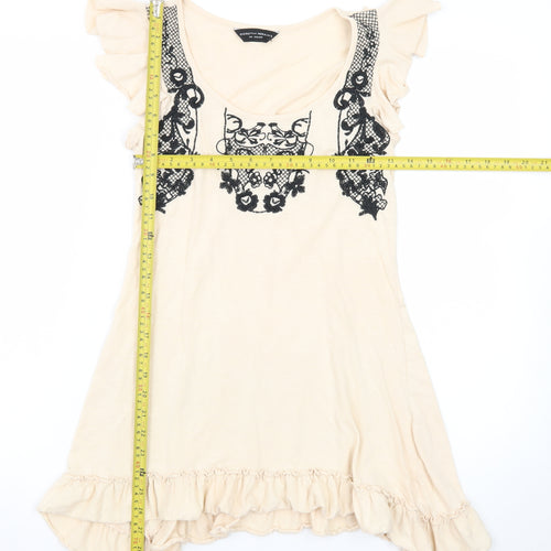 Dorothy Perkins Women Beige Size 8 Embroidered Ruffle Shift Dress