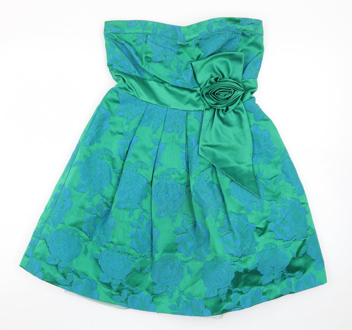Warehouse Women's Green Floral Strapless Bow Jacquard Dress Size 10