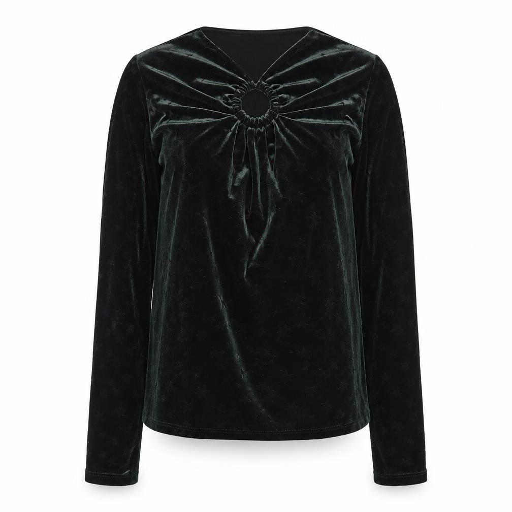 Front view of Monsoon women’s black velvet long sleeve tunic blouse, size S