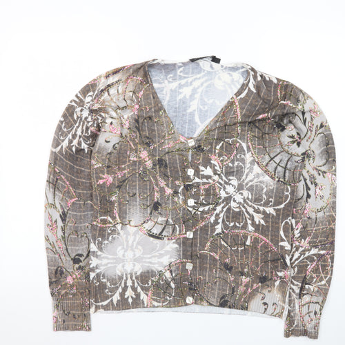 Passport Womens Brown Floral V-Neck Button Cardigan Size M