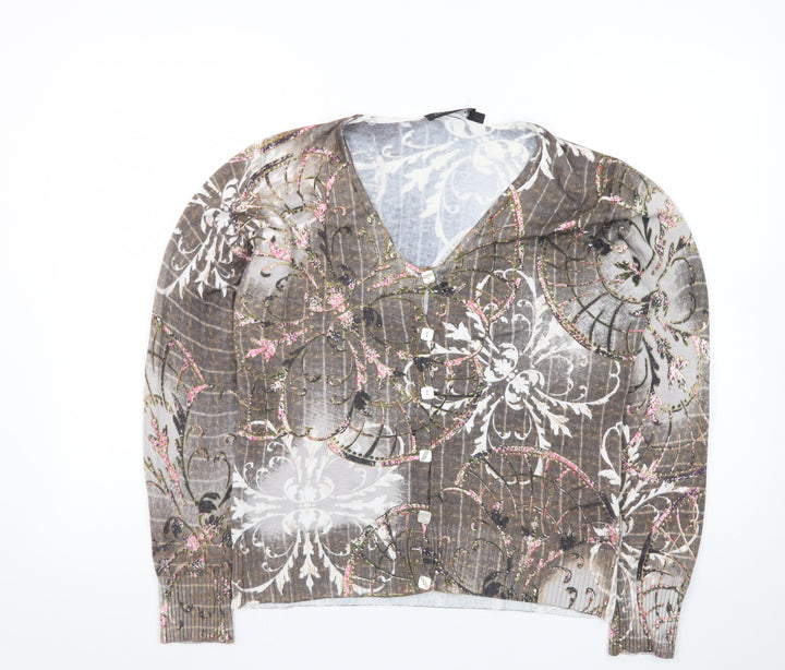 Passport Womens Brown Floral V-Neck Button Cardigan Size M