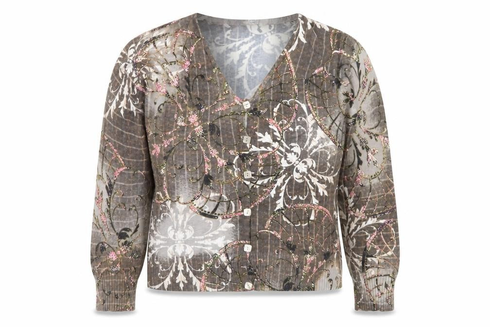 Front view of Passport women’s brown floral v-neck button cardigan, size M