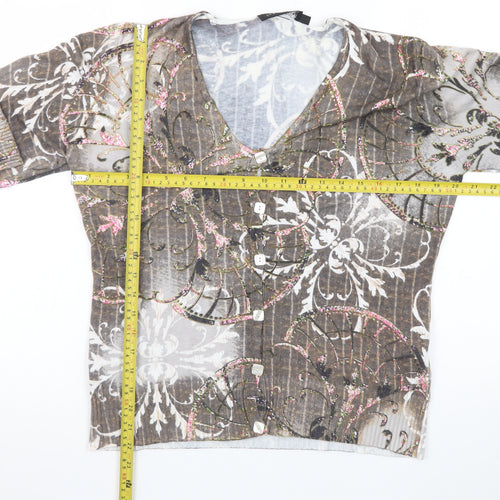 Passport Womens Brown Floral V-Neck Button Cardigan Size M