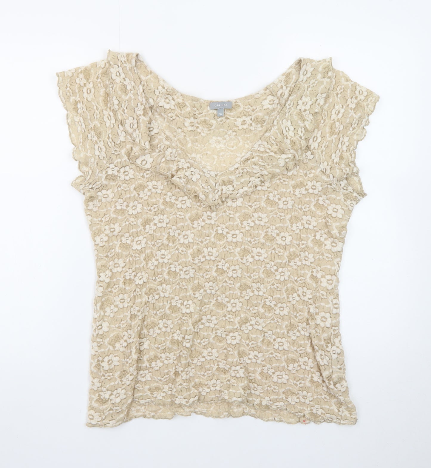 Marks and Spencer Per Una Beige Lace Ruffle Short Sleeve Blouse Size 16