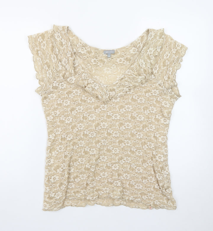 Marks and Spencer Per Una Beige Lace Ruffle Short Sleeve Blouse Size 16