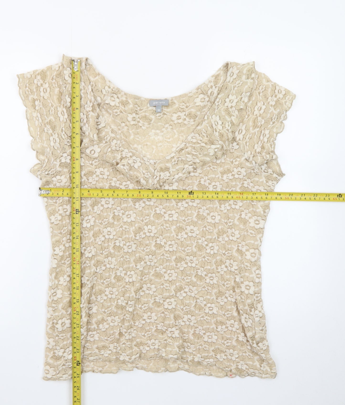 Marks and Spencer Per Una Beige Lace Ruffle Short Sleeve Blouse Size 16