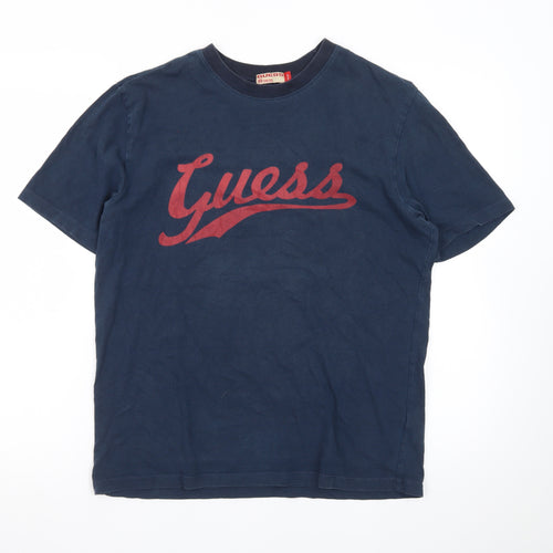 Guess Men’s Blue Logo Crew Neck Cotton T-Shirt Size L Vintage