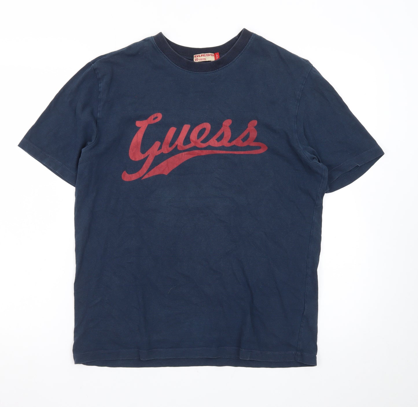 Guess Men’s Blue Logo Crew Neck Cotton T-Shirt Size L Vintage