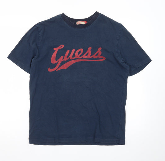 Guess Men’s Blue Logo Crew Neck Cotton T-Shirt Size L Vintage