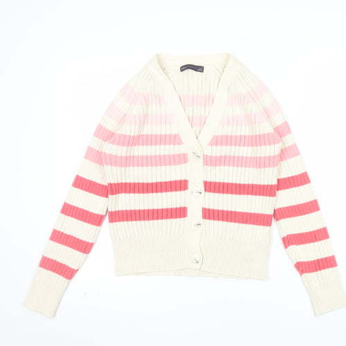 Marks and Spencer Women Cream Pink Striped Cardigan Size S Cotton Knit