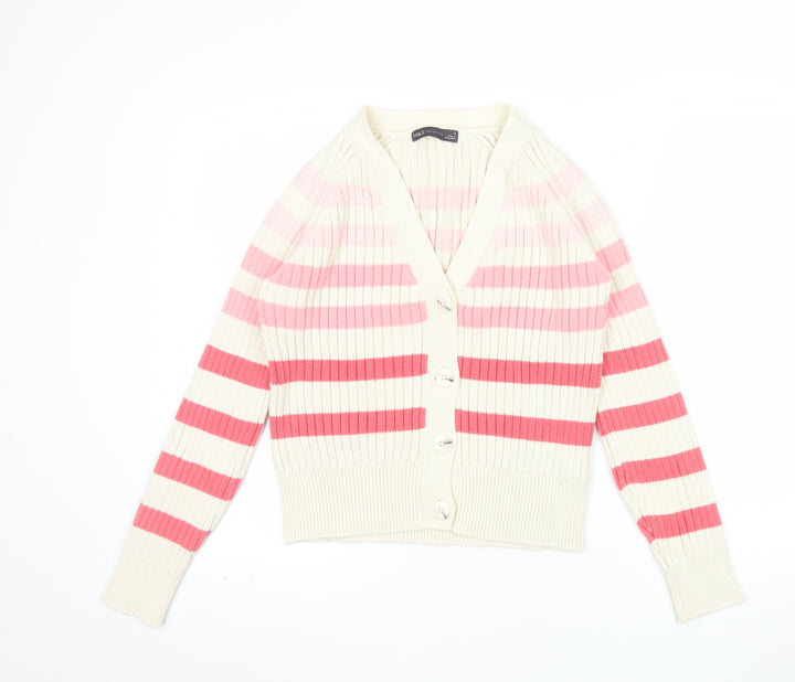 Marks and Spencer Women Cream Pink Striped Cardigan Size S Cotton Knit