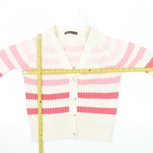 Marks and Spencer Women Cream Pink Striped Cardigan Size S Cotton Knit