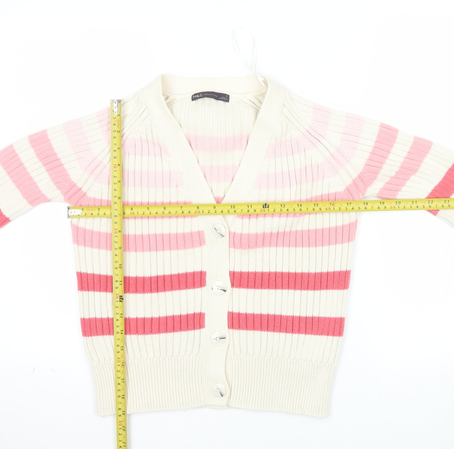 Marks and Spencer Women Cream Pink Striped Cardigan Size S Cotton Knit