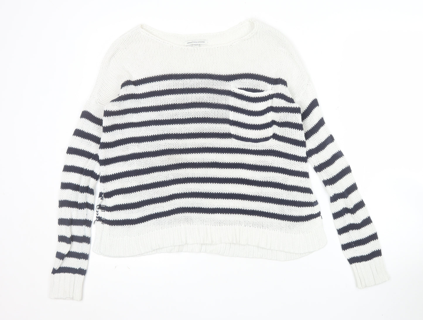 American Eagle Outfitters Women's White Striped Cotton Pullover Jumper Size S
