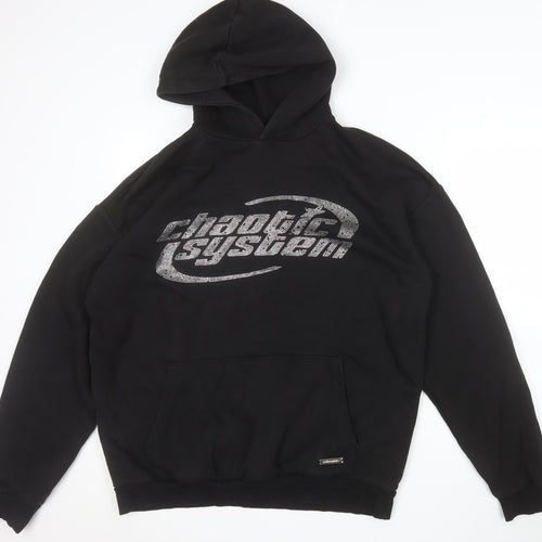 FSBN Womens Black Relaxed Fit Pullover Hoodie Size L Chaotic System Logo