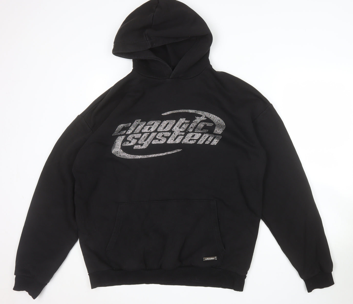 FSBN Womens Black Relaxed Fit Pullover Hoodie Size L Chaotic System Logo