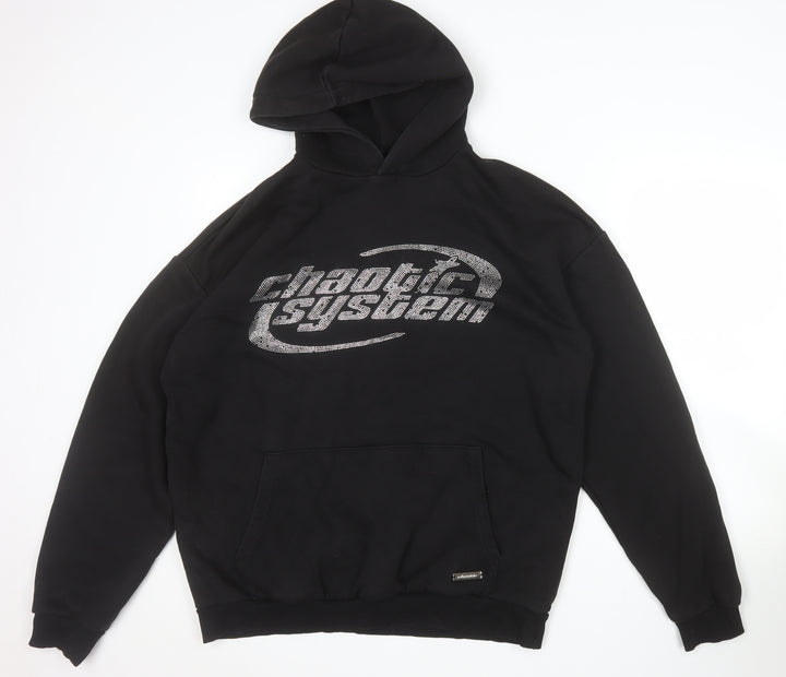 FSBN Womens Black Relaxed Fit Pullover Hoodie Size L Chaotic System Logo
