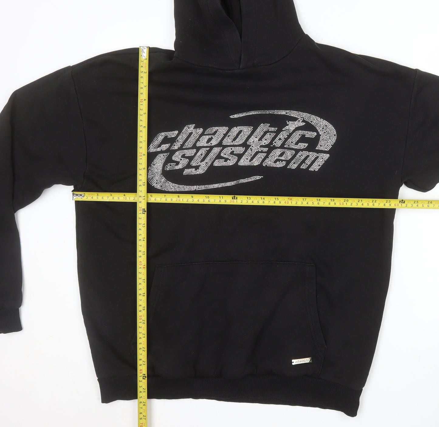 FSBN Womens Black Relaxed Fit Pullover Hoodie Size L Chaotic System Logo