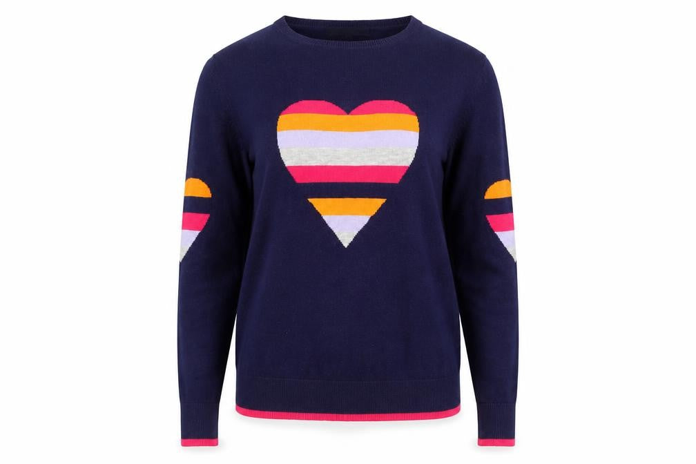Front view of Next women’s blue heart stripe crew neck knit jumper, size S