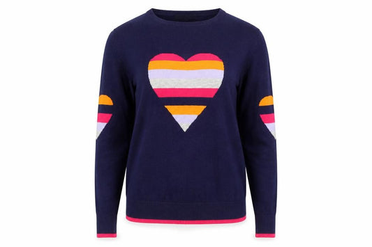 Front view of Next women’s blue heart stripe crew neck knit jumper, size S