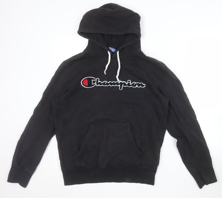 Champion Men's Black Pullover Hoodie Medium Cotton Logo Fleece