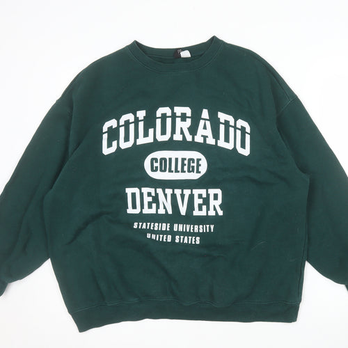 H&M Divided Men's Green College Logo Pullover Sweatshirt L