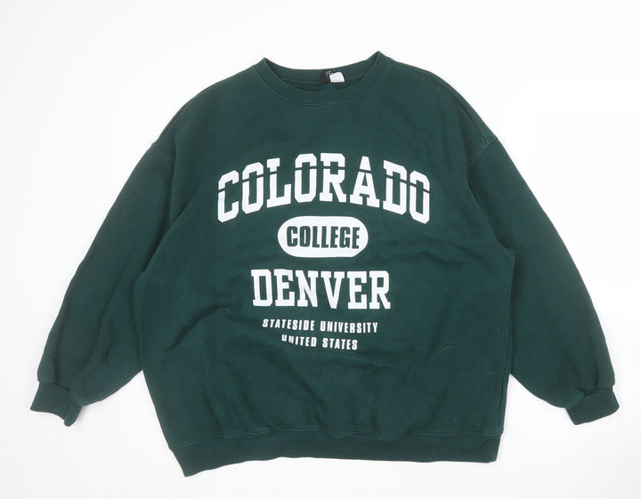 H&M Divided Men's Green College Logo Pullover Sweatshirt L