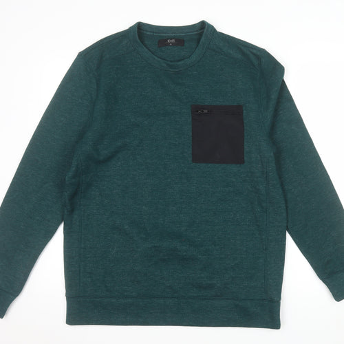 AW85 Men's Green Crew Neck Pullover Sweatshirt Size M with Zip Pocket
