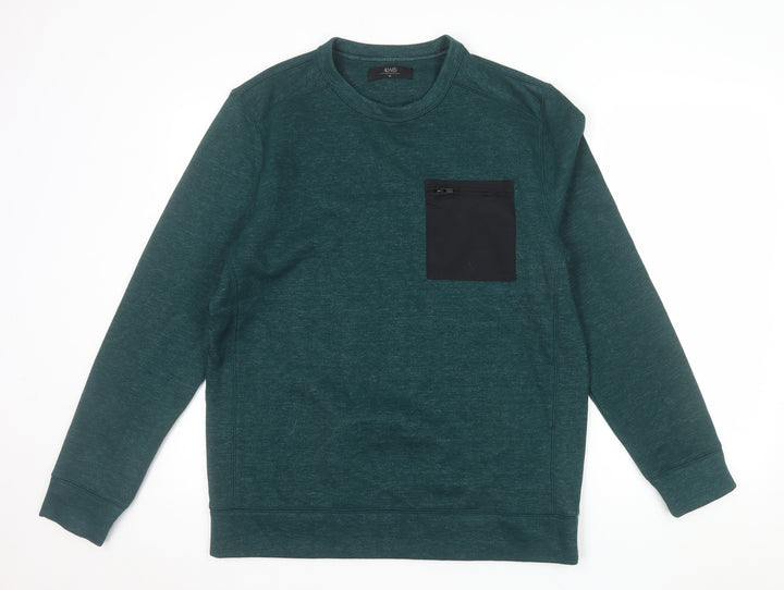 AW85 Men's Green Crew Neck Pullover Sweatshirt Size M with Zip Pocket