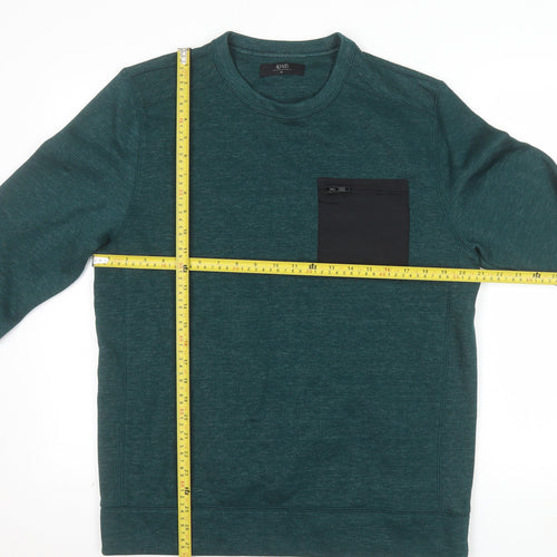 AW85 Men's Green Crew Neck Pullover Sweatshirt Size M with Zip Pocket