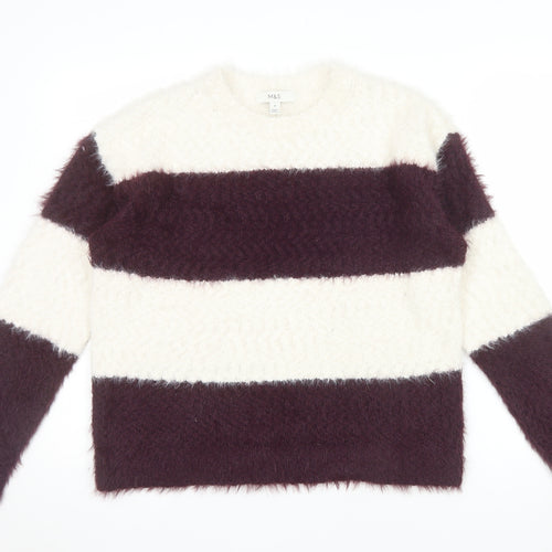 Marks and Spencer Womens Cream Burgundy Striped Knit Jumper Size M